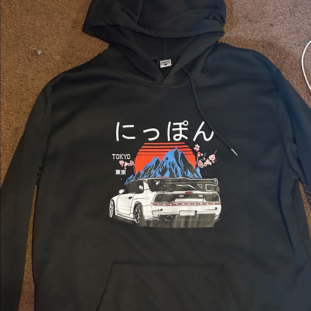 Black Graphic Hoodie with Car and Mountain Design